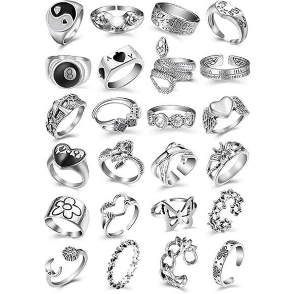 Vintage Silver Open Punk Rings for Men Women, 24PCS Adjustable Rings, Alt Rings - Picture 8 of 8